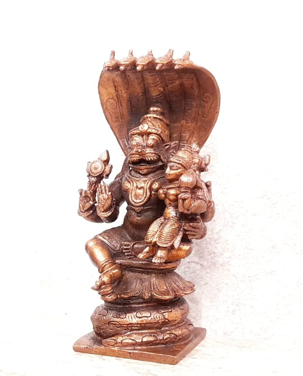 Brownish-Orange Copper Idols Of God Lakshmi Narasimhar Sitting In Adhisesha, 3.9 Inch, 380 Gram, Patina Antique Finish, Pack Of 1 Piece