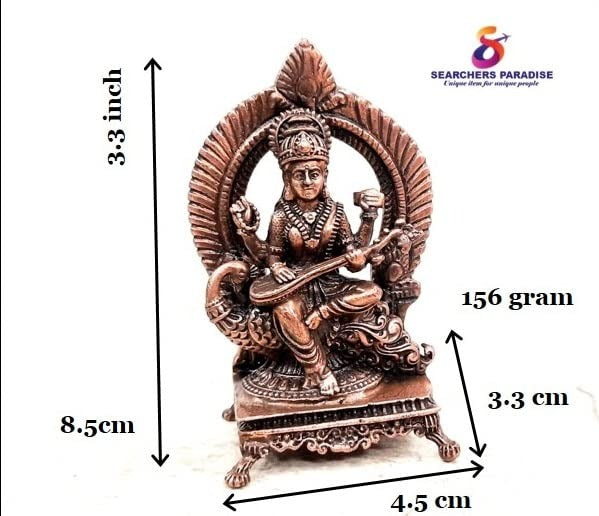 Brownish-Orange Copper Idolsby, 8.5 Cm, Handmade Goddess Saraswathi Idol With Stand 156 Gram, Patina Antique Finish, Pack Of 1 Piece