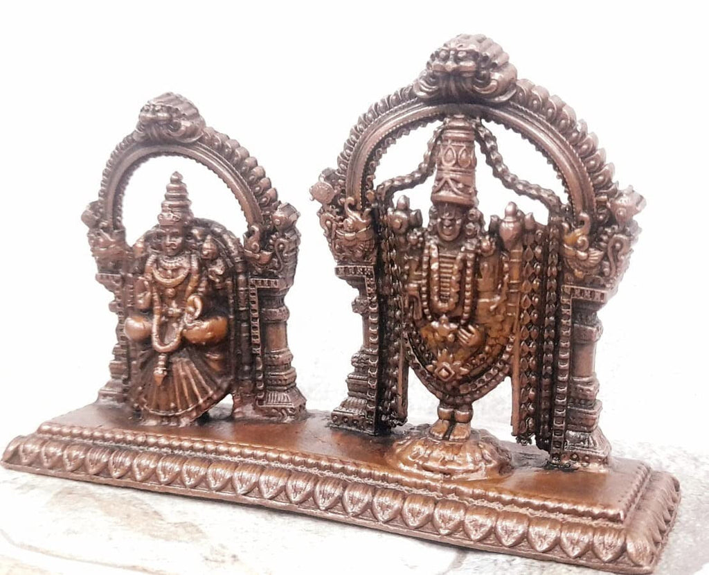 Brownish-Orange Copper Idols India, 3.1 Inches, Handmade Lord Balaji With Lakshmi, 295G, Patina Antique Finish, Pack Of 1 Piece