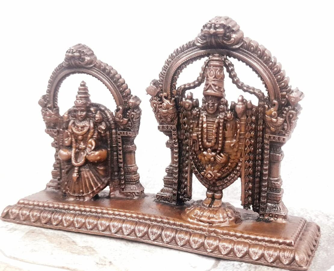 Brownish-Orange Copper Idols India, 3.1 Inches, Handmade Lord Balaji With Lakshmi, 295G, Patina Antique Finish, Pack Of 1 Piece