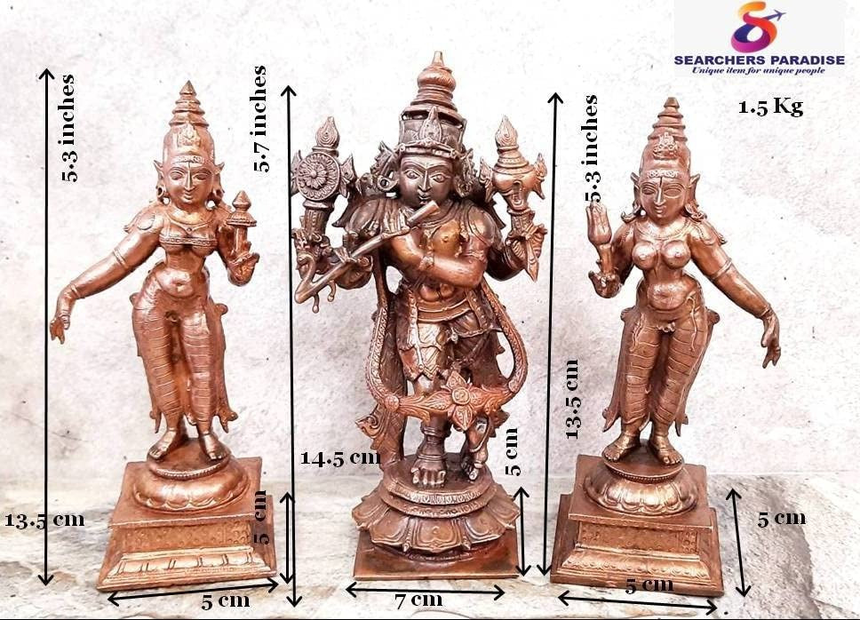 Brownish-Orange Copper Idols Of God Venugopala Swamy With Sridevi And Bhudevi, 5.7 Inches, 1.5 Kg, Patina Antique Finish, Pack Of 3 Piece