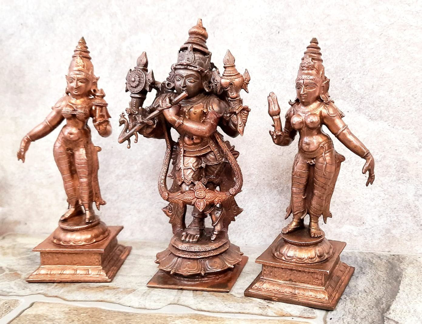 Brownish-Orange Copper Idols Of God Venugopala Swamy With Sridevi And Bhudevi, 5.7 Inches, 1.5 Kg, Patina Antique Finish, Pack Of 3 Piece