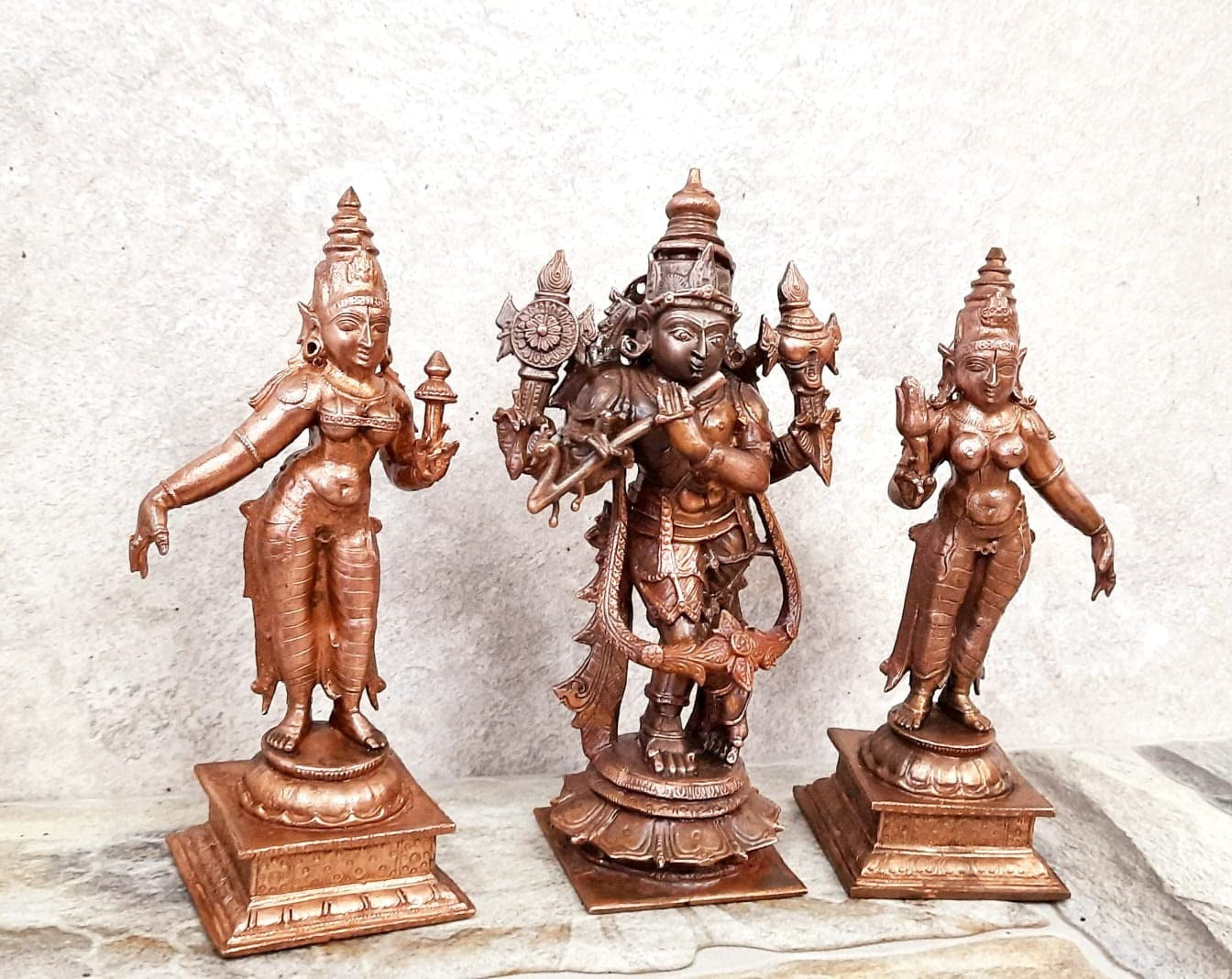 Brownish-Orange Copper Idols Of God Venugopala Swamy With Sridevi And Bhudevi, 5.7 Inches, 1.5 Kg, Patina Antique Finish, Pack Of 3 Piece