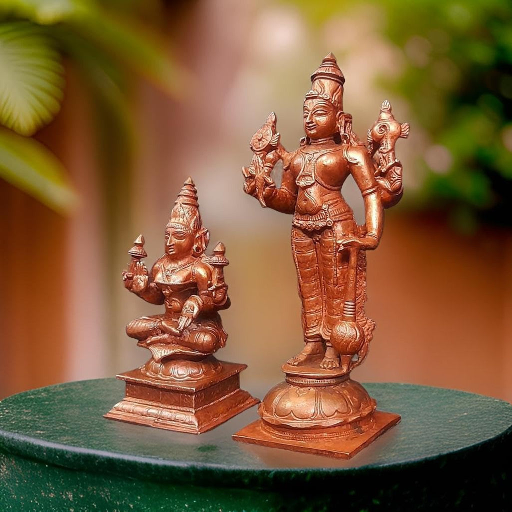 Brown Copper Idols Of God Srinivasa Perumal With Mahalakshmi, 6 Inches, 1 Kg, Patina Antique Finish, Pack Of 2 Piece