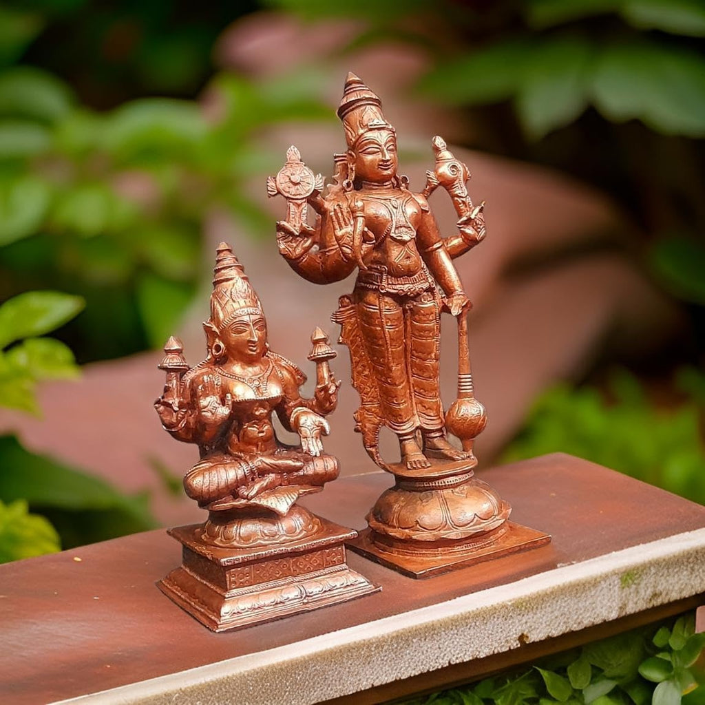 Brown Copper Idols Of God Srinivasa Perumal With Mahalakshmi, 6 Inches, 1 Kg, Patina Antique Finish, Pack Of 2 Piece