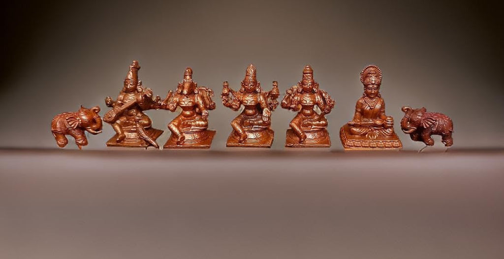 Brownish-Orange Copper Idols Of God Elephant Idol, Lakshmi, Varahi, Raja Rajeshwari, Saraswathi Annapoorani Combo Idol By, Pack Of 7 Piece