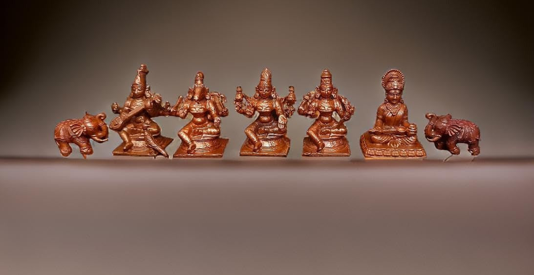 Brownish-Orange Copper Idols Of God Elephant Idol, Lakshmi, Varahi, Raja Rajeshwari, Saraswathi Annapoorani Combo Idol By, Pack Of 7 Piece