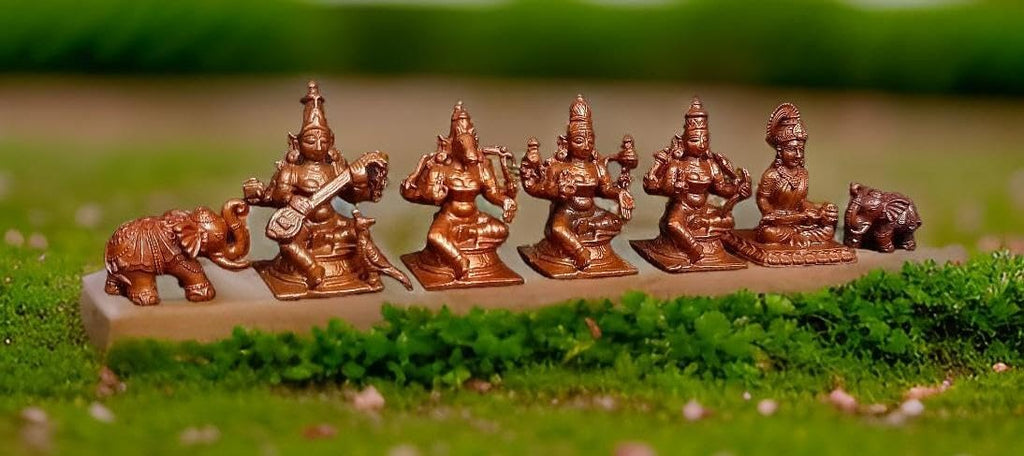 Brownish-Orange Copper Idols Of God Elephant Idol, Lakshmi, Varahi, Raja Rajeshwari, Saraswathi Annapoorani Combo Idol By, Pack Of 7 Piece