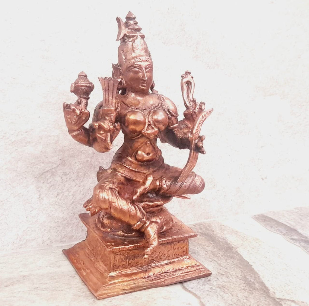 Brownish-Orange Copper Idols India, 4.3 Inches, Handmade Goddess Raja Rajeswari 479 Gram, Patina Antique Finish, Pack Of 1 Piece