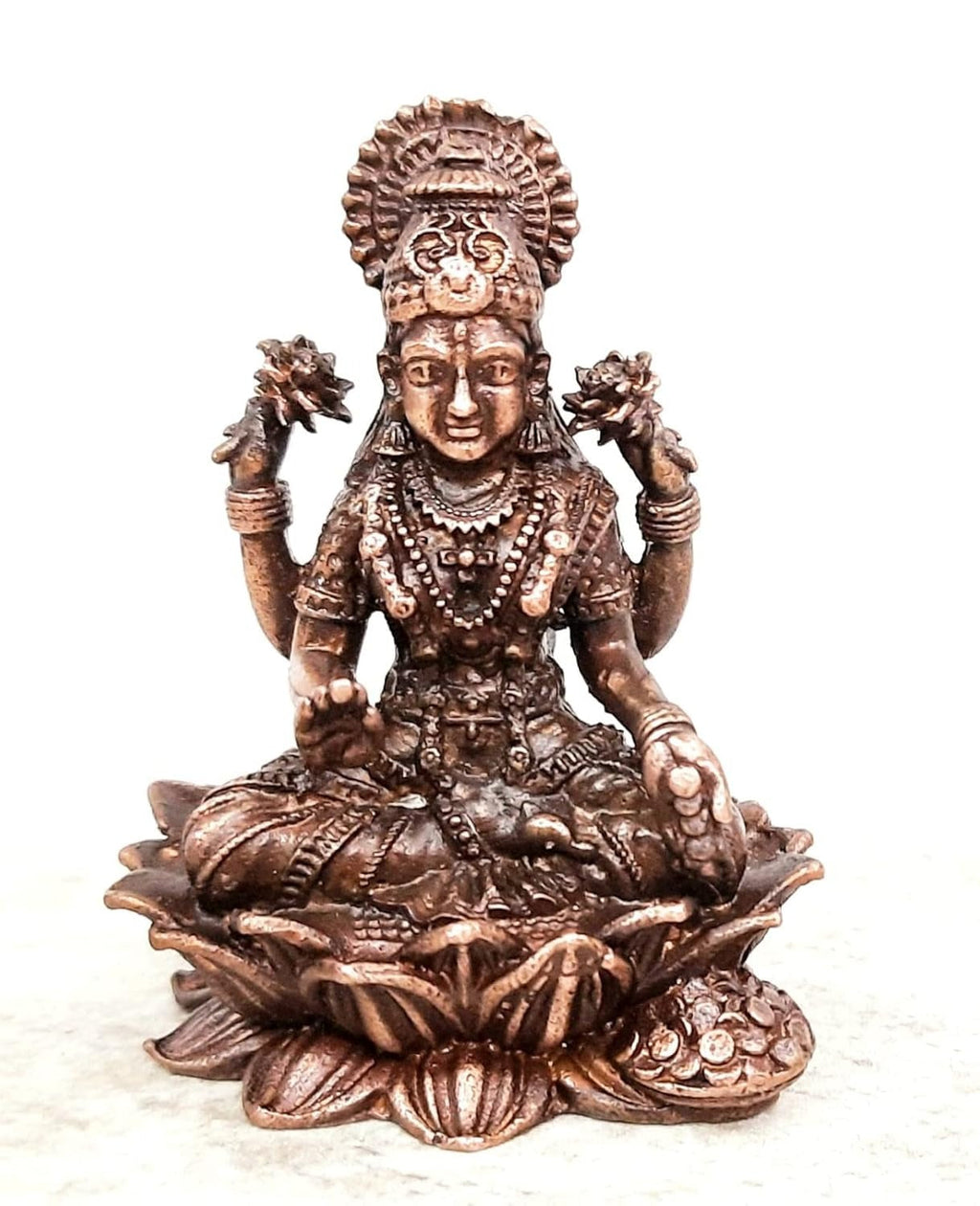 Brownish-Orange Copper Idols India, 2 Inches, Handmade Mahalakshmi Idol With, 145G, Patina Antique Finish, Pack Of 1 Piece
