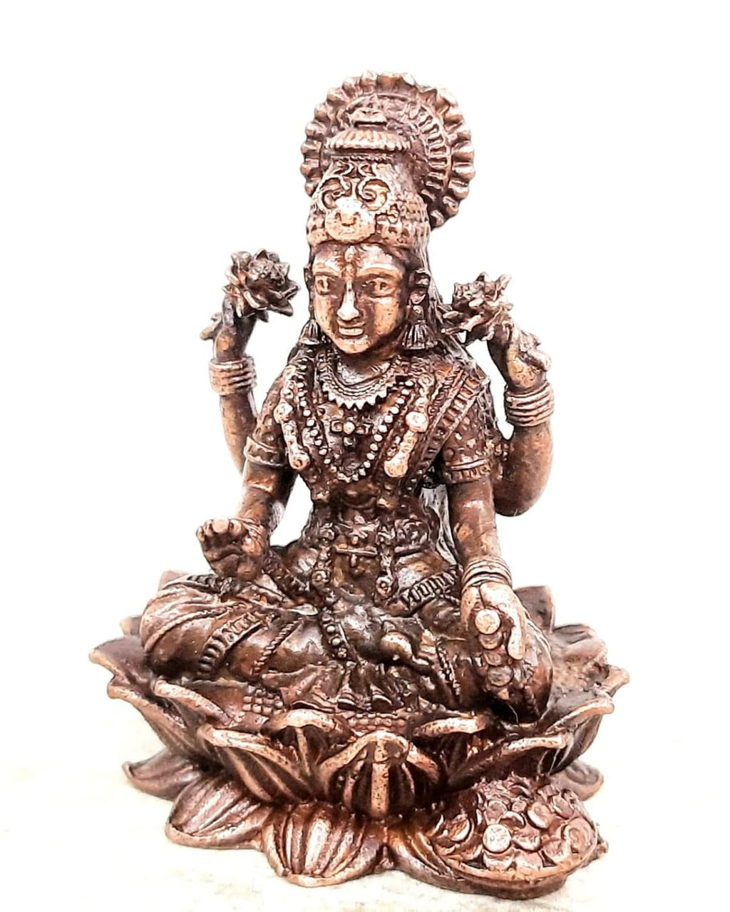 Brownish-Orange Copper Idols India, 2 Inches, Handmade Mahalakshmi Idol With, 145G, Patina Antique Finish, Pack Of 1 Piece