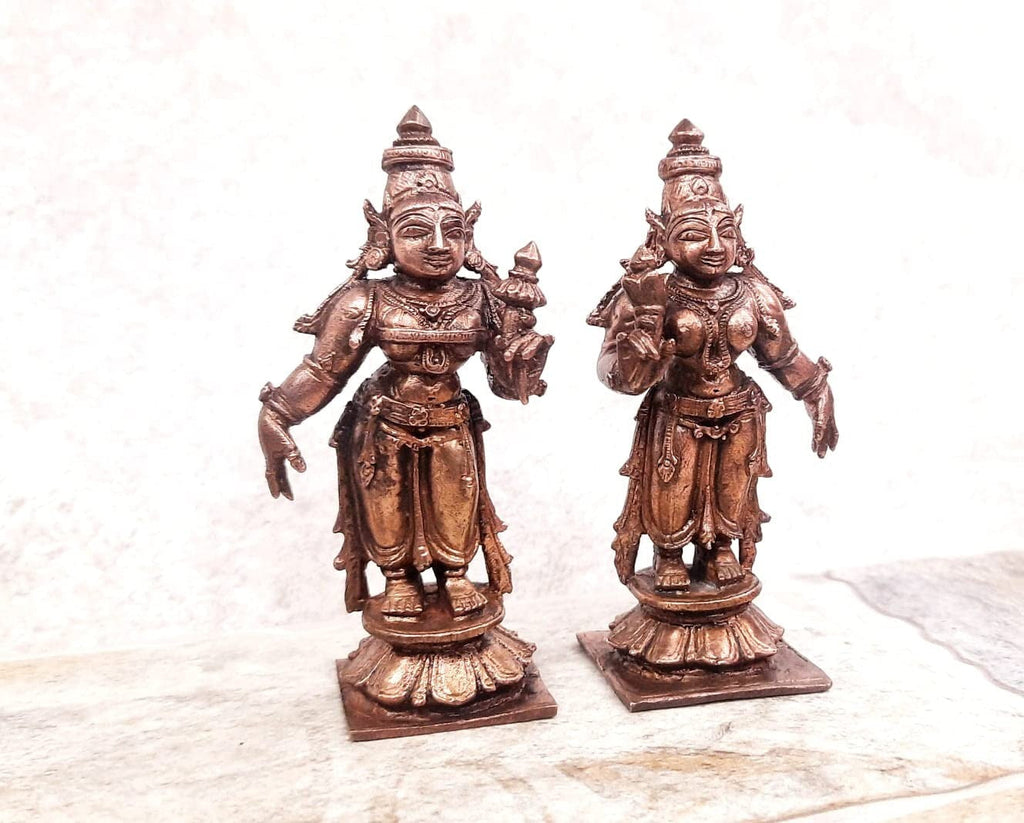 Brownish-Orange Copper Idols, 8. 5 Cm, Handmade Goddess Sridevi Bhudevi 263 G, Patina Antique Finish, Pack Of 2 Piece