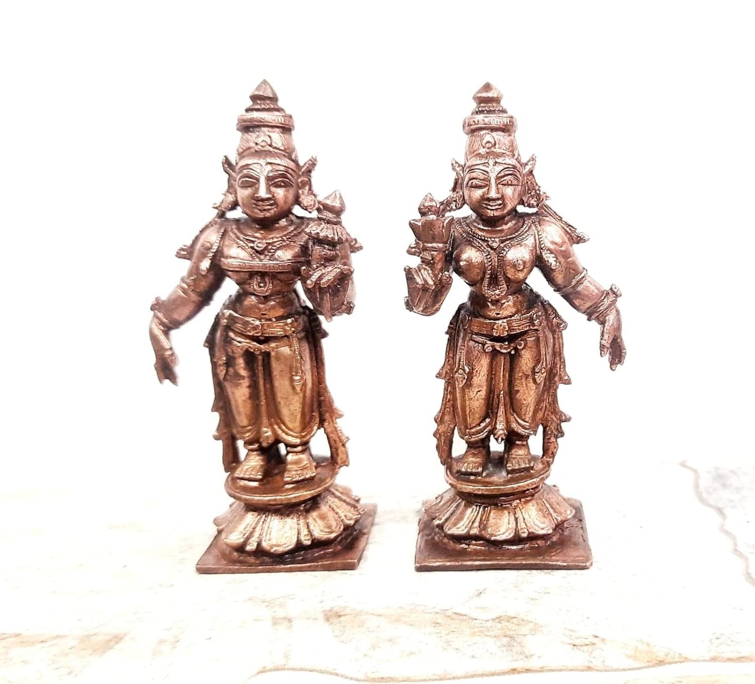 Brownish-Orange Copper Idols, 8. 5 Cm, Handmade Goddess Sridevi Bhudevi 263 G, Patina Antique Finish, Pack Of 2 Piece