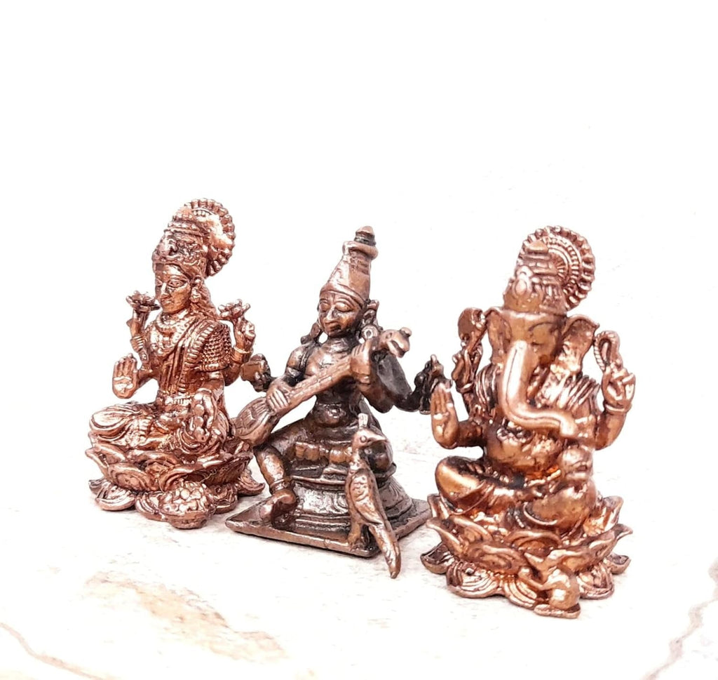 Brownish-Orange Copper Idols Of God Lakshmi, Saraswathi And Ganesh, 164G, Patina Antique Finish, Pack Of 1 Piece