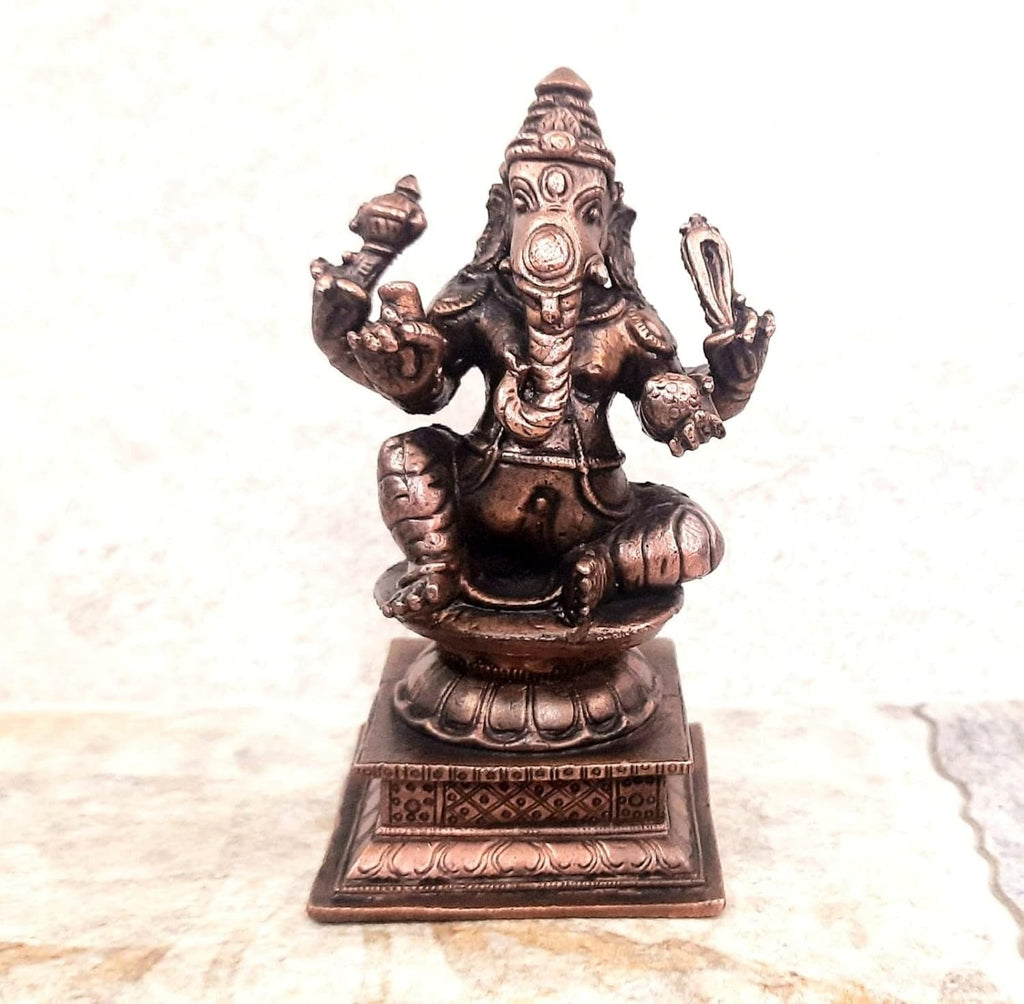 Brownish-Orange Copper Idols India, 4.2 Inches, Handmade Ganesh 640 Gram, Patina Antique Finish, Pack Of 1 Piece