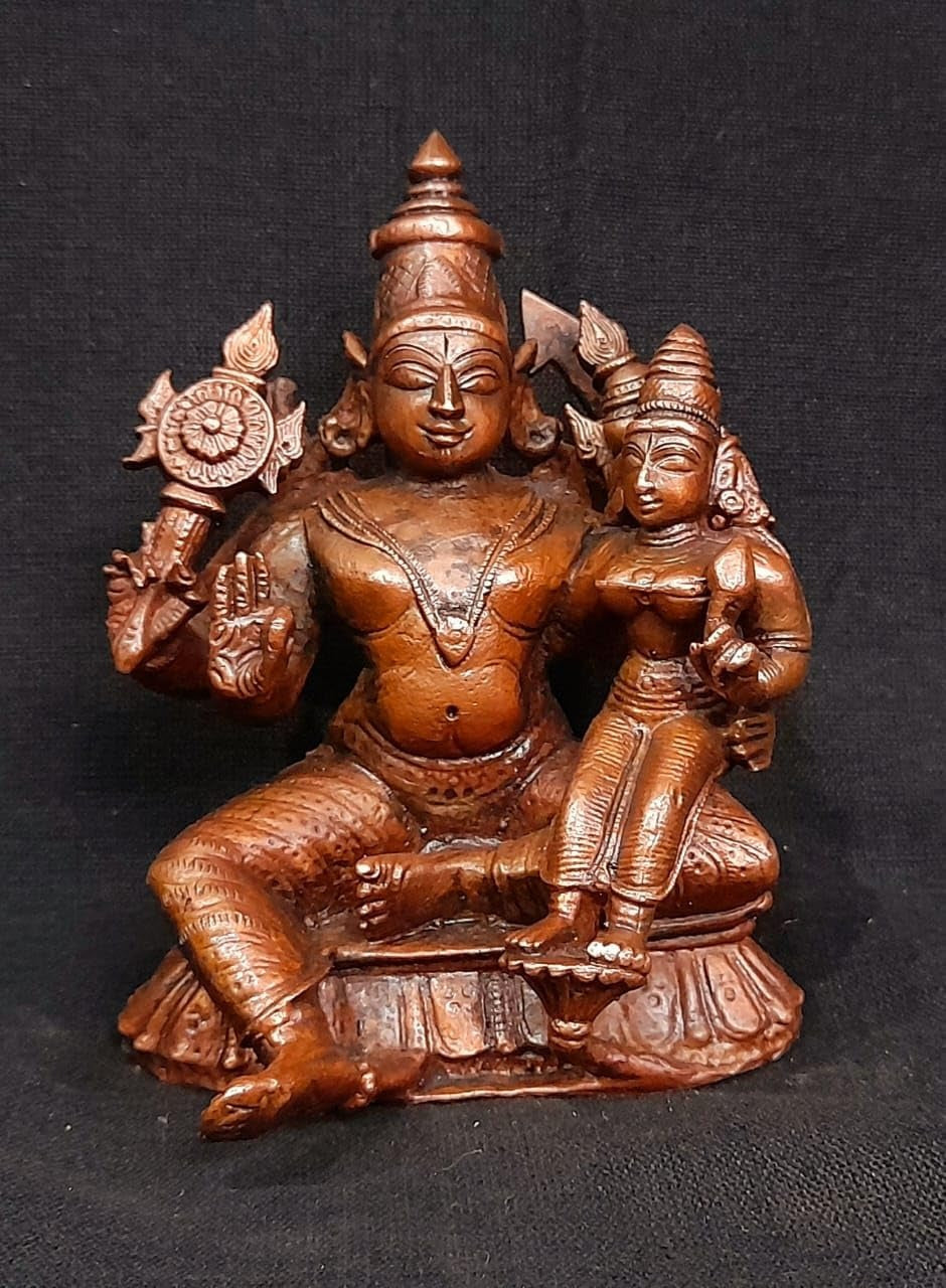 Brownish-Orange Copper Idols Of God Perumal With Lakshmi Idol, 4 Inches, 684G, Patina Antique Finish, Pack Of 1 Piece