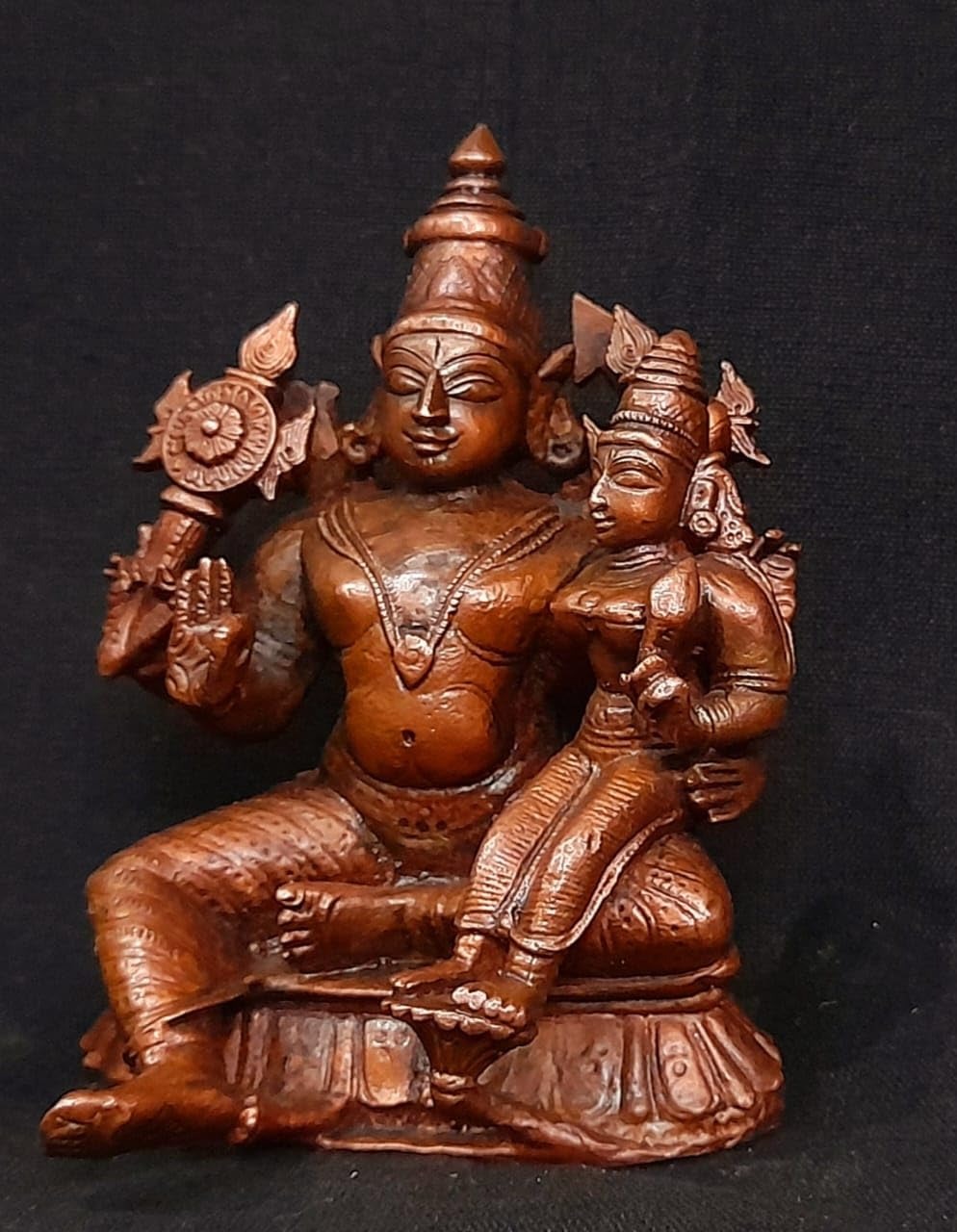 Brownish-Orange Copper Idols Of God Perumal With Lakshmi Idol, 4 Inches, 684G, Patina Antique Finish, Pack Of 1 Piece