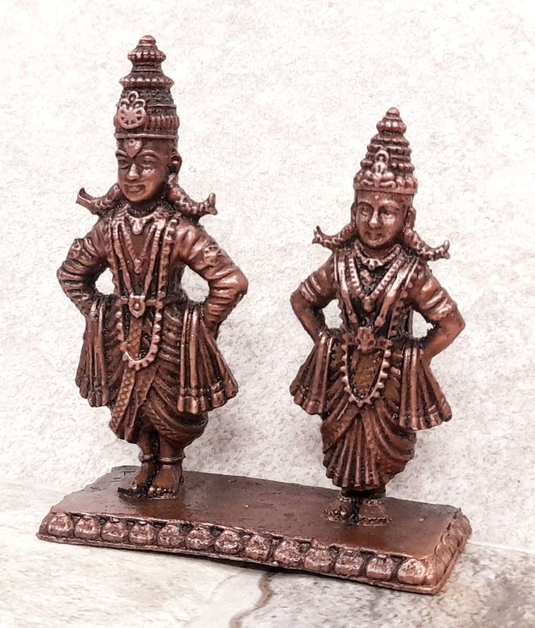 Brownish-Orange Copper Idols India, 3.2 Inches, Handmade Vitthal Rukmani Stand, 210G, Patina Antique Finish, Pack Of 1 Piece