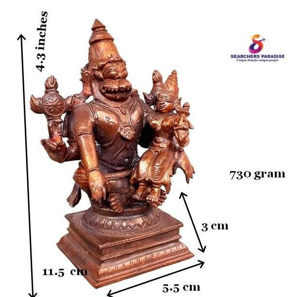 Brownish-Orange Copper Idols Of God Lakshmi Narasimhar, 4.3 Inches, 730Grams, Patina Antique Finish, Pack Of 1 Piece