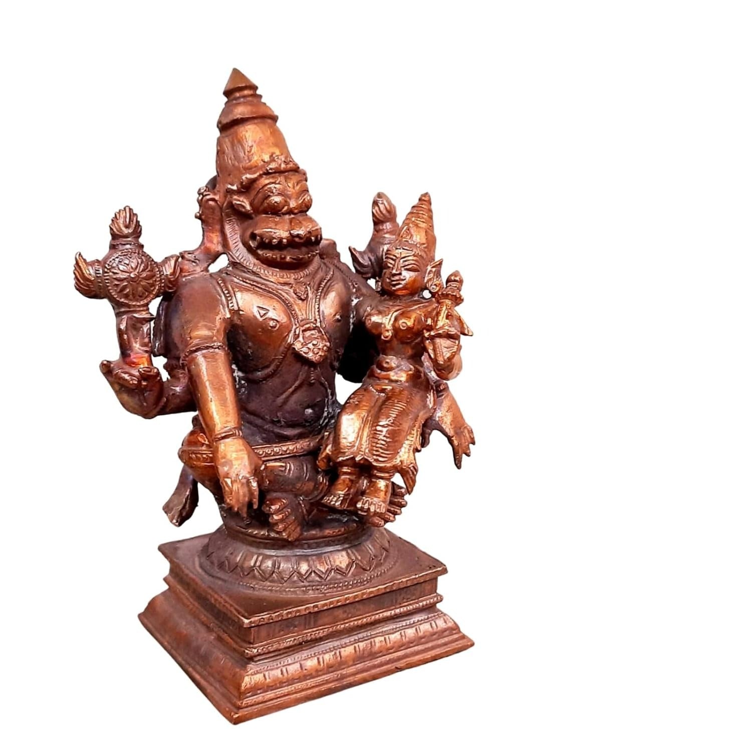 Brownish-Orange Copper Idols Of God Lakshmi Narasimhar, 4.3 Inches, 730Grams, Patina Antique Finish, Pack Of 1 Piece