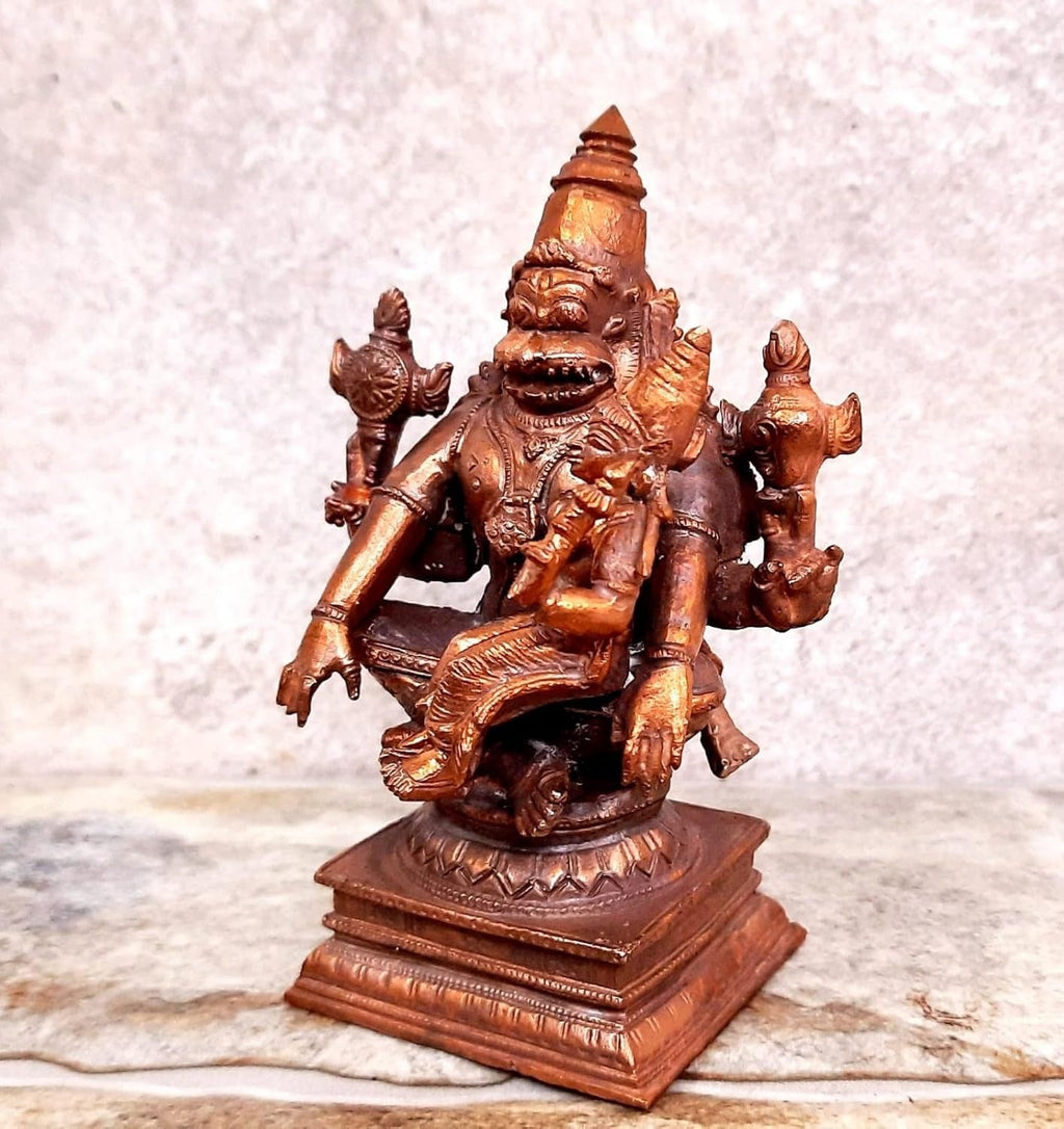 Brownish-Orange Copper Idols Of God Lakshmi Narasimhar, 4.3 Inches, 730Grams, Patina Antique Finish, Pack Of 1 Piece