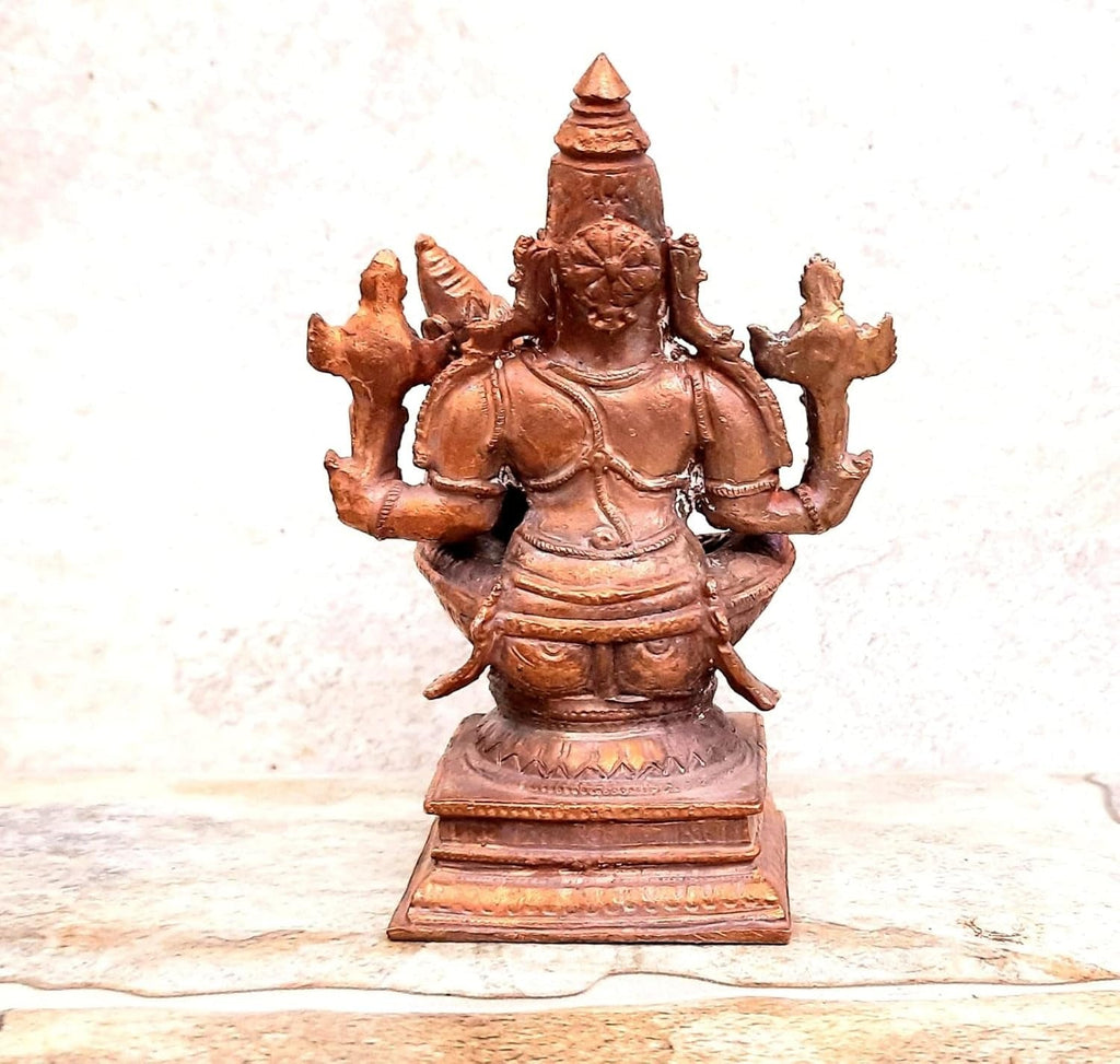 Brownish-Orange Copper Idols Of God Lakshmi Narasimhar, 4.3 Inches, 730Grams, Patina Antique Finish, Pack Of 1 Piece