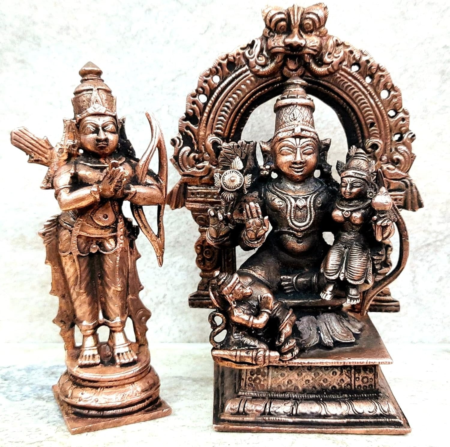 Brownish-Orange Copper Handmade Ram Darbar, 4.3 Inches,, 760Grams, Patina Antique Finish, Pack Of 2 Piece(2 Idols)