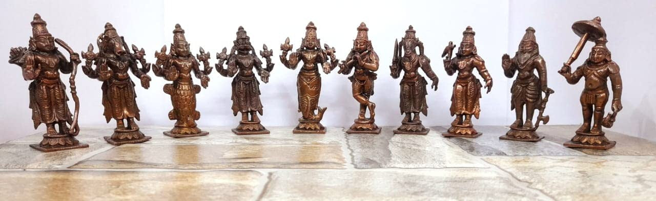 Brownish-Orange Copper Idols Of God Dasaavatharam By Unikraf , 3.5 Inches, 1.1Kg, Patina Antique Finish, Pack Of 10 Piece