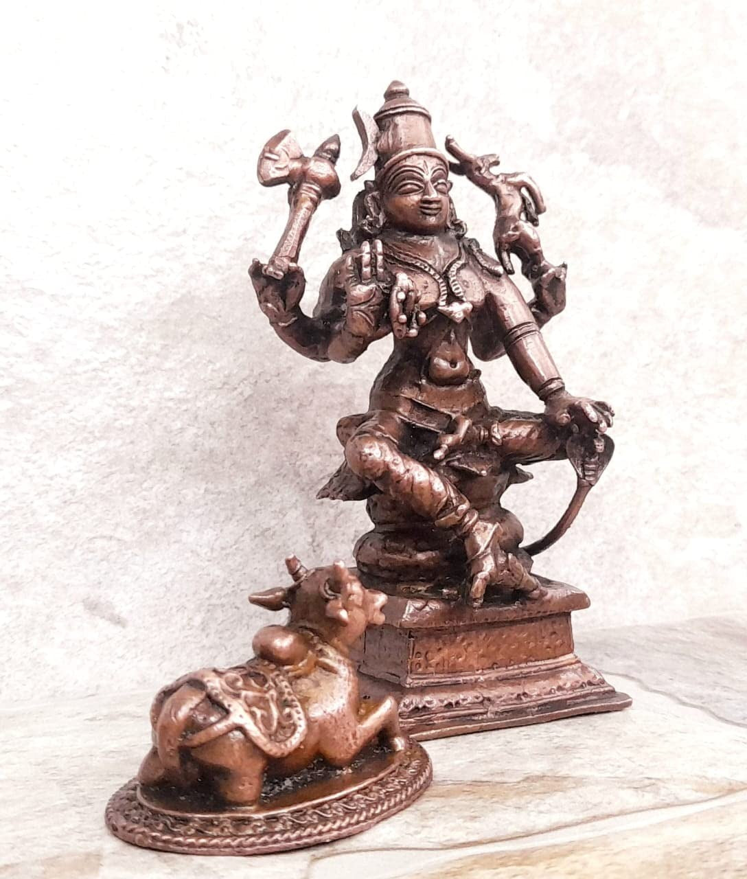 Brownish-Orange Copper Idols Of God Lord Shiva, With Nandi Idol, 3.7 Inch, 470, Patina Antique Finish, Pack Of 1 Piece