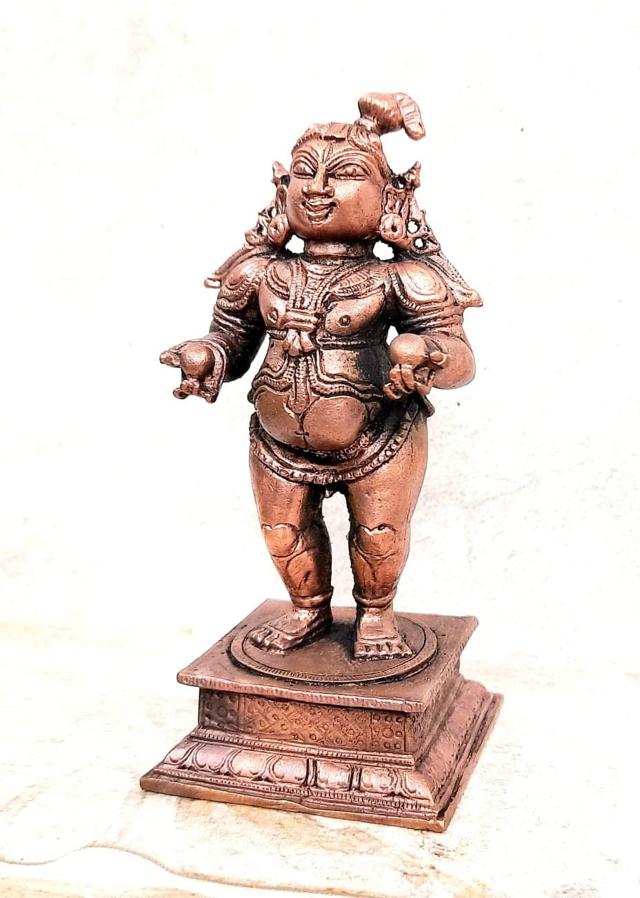Brownish-Orange Copper Idols Of God Bal Krishna With Laddu, 4.3 Inches, 480G, Patina Antique Finish, Pack Of 1 Piece