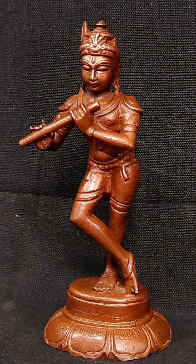 Brownish-Orange Copper Idols Of God Krishna, 4 Inches, 175G, Patina Antique Finish, Pack Of 1 Piece