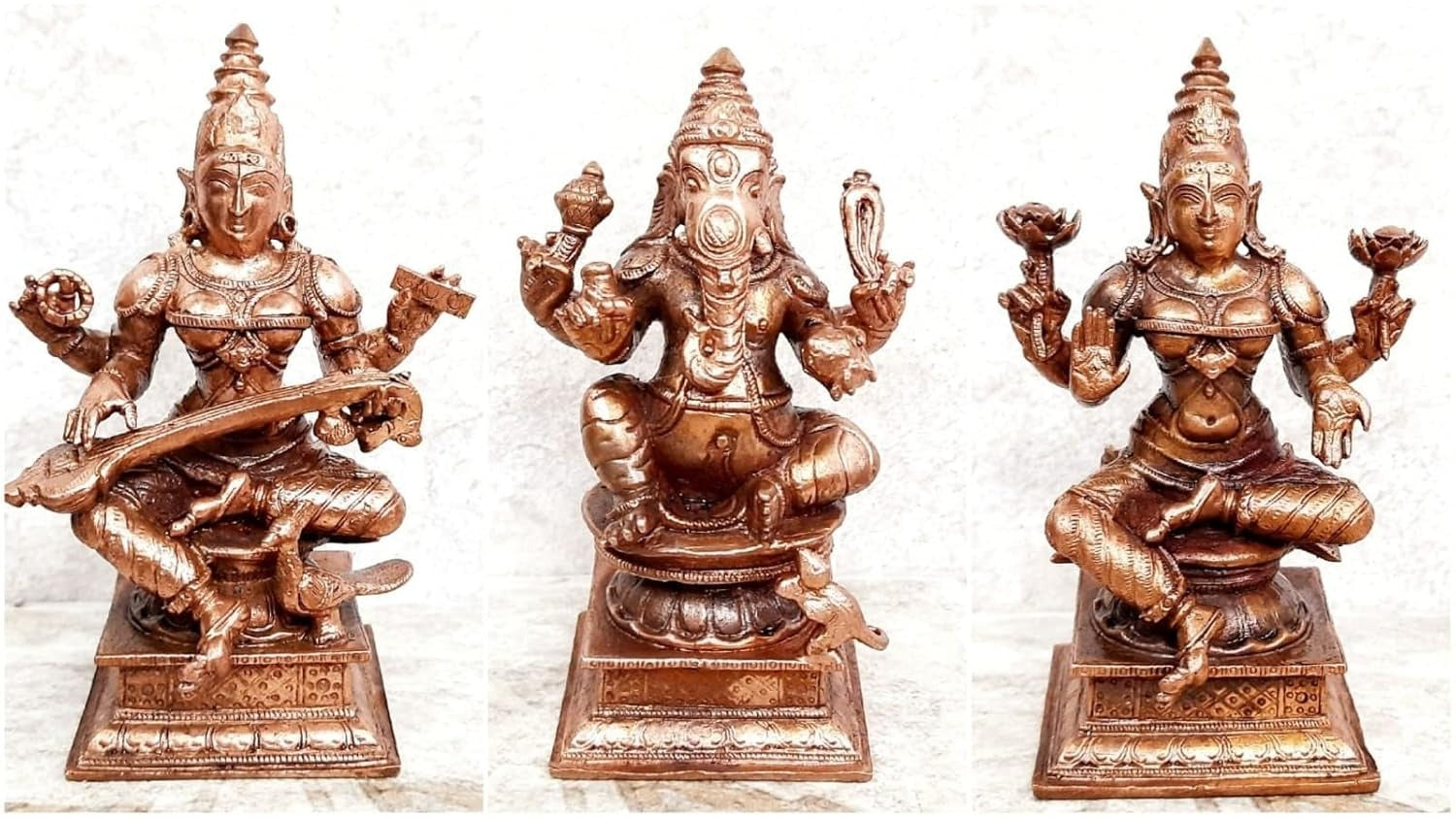 Brownish-Orange Copper Idols Of God Ganesh, Lakshmi And Saraswathi Combo, 4 Inch Patina Antique Finish, Pack Of 3 Piece