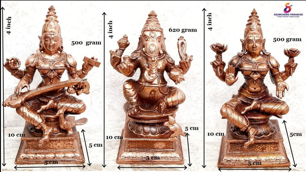 Brownish-Orange Copper Idols Of God Ganesh, Lakshmi And Saraswathi Combo, 4 Inch Patina Antique Finish, Pack Of 3 Piece