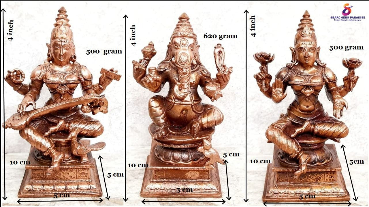 Brownish-Orange Copper Idols Of God Ganesh, Lakshmi And Saraswathi Combo, 4 Inch Patina Antique Finish, Pack Of 3 Piece