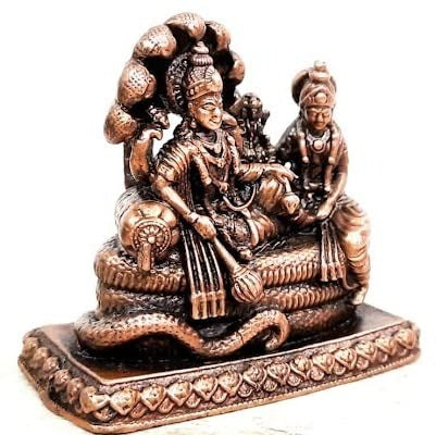 Brownish-Orange Copper Idols India, 2.1 Inches, Handmade God Vishnu Along With Mahalakshmi Lying In Adisesha, 250G, Patina Antique Finish, Pack Of 1 Piece