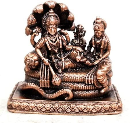 Brownish-Orange Copper Idols India, 2.1 Inches, Handmade God Vishnu Along With Mahalakshmi Lying In Adisesha, 250G, Patina Antique Finish, Pack Of 1 Piece
