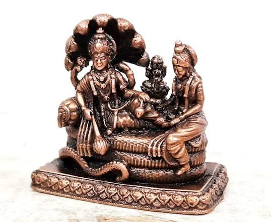 Brownish-Orange Copper Idols India, 2.1 Inches, Handmade God Vishnu Along With Mahalakshmi Lying In Adisesha, 250G, Patina Antique Finish, Pack Of 1 Piece