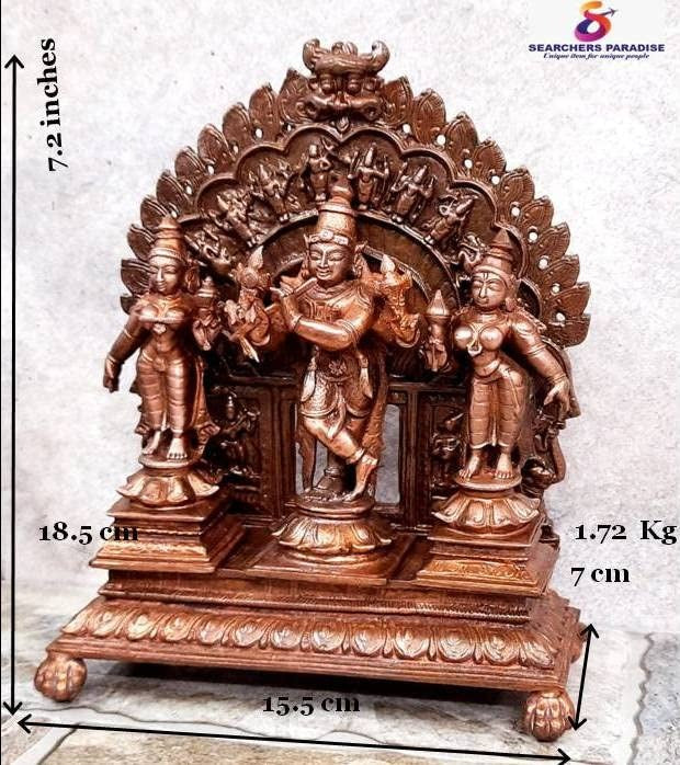 Brownish-Orange Copper Idols Of God Venugopala With Sridevi And Bhudevi With Dasavadhara Prabhavali, 7.2 Inches, 1.72 Kg, Patina Antique Finish, Pack Of 4 Piece