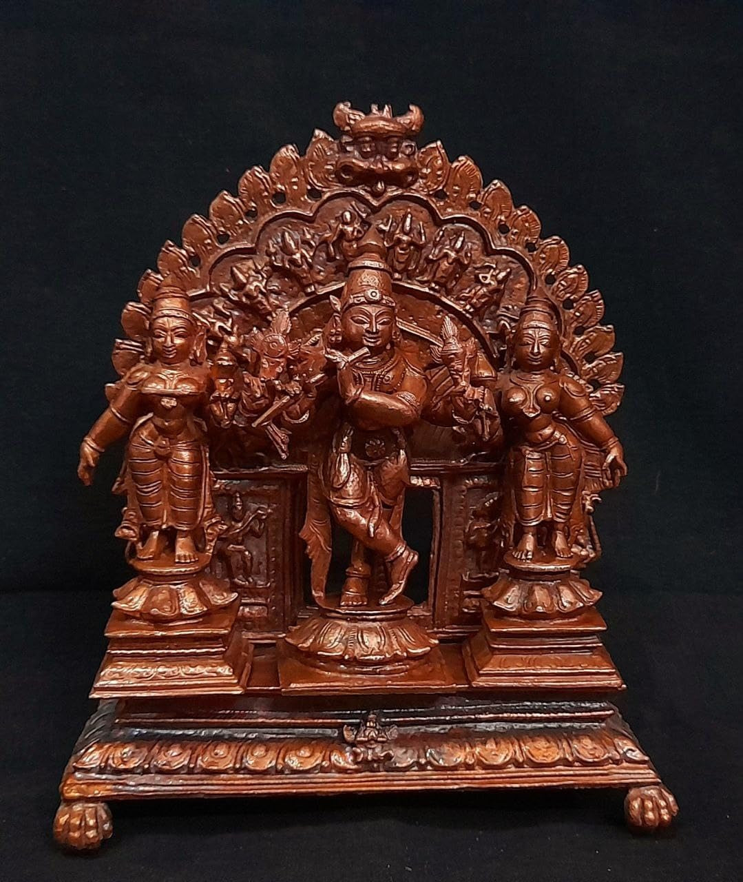 Brownish-Orange Copper Idols Of God Venugopala With Sridevi And Bhudevi With Dasavadhara Prabhavali, 7.2 Inches, 1.72 Kg, Patina Antique Finish, Pack Of 4 Piece