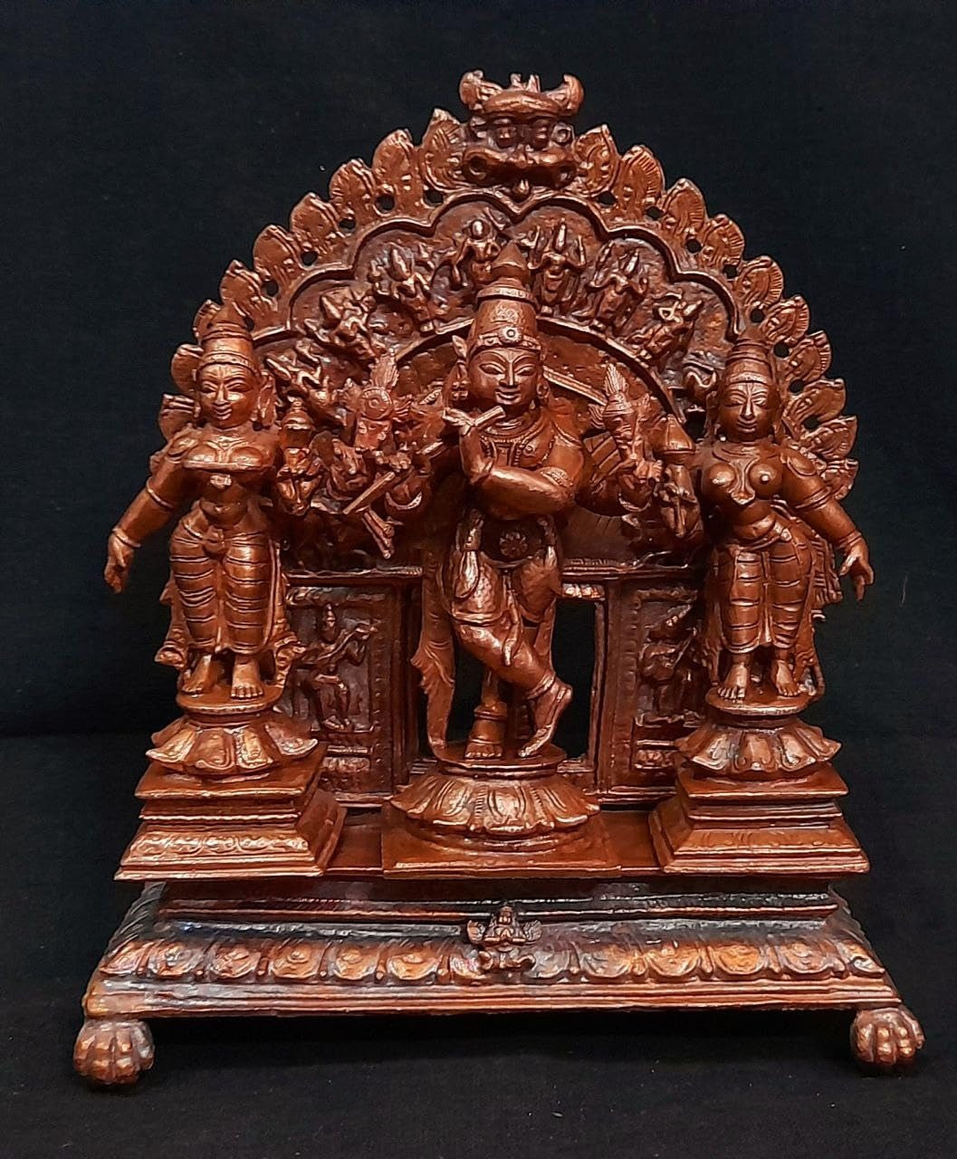 Brownish-Orange Copper Idols Of God Venugopala With Sridevi And Bhudevi With Dasavadhara Prabhavali, 7.2 Inches, 1.72 Kg, Patina Antique Finish, Pack Of 4 Piece
