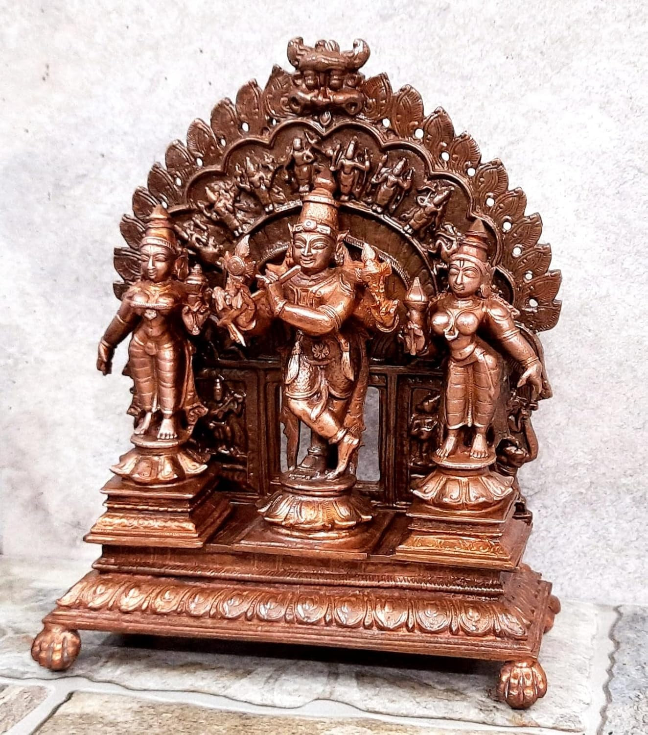 Brownish-Orange Copper Idols Of God Venugopala With Sridevi And Bhudevi With Dasavadhara Prabhavali, 7.2 Inches, 1.72 Kg, Patina Antique Finish, Pack Of 4 Piece
