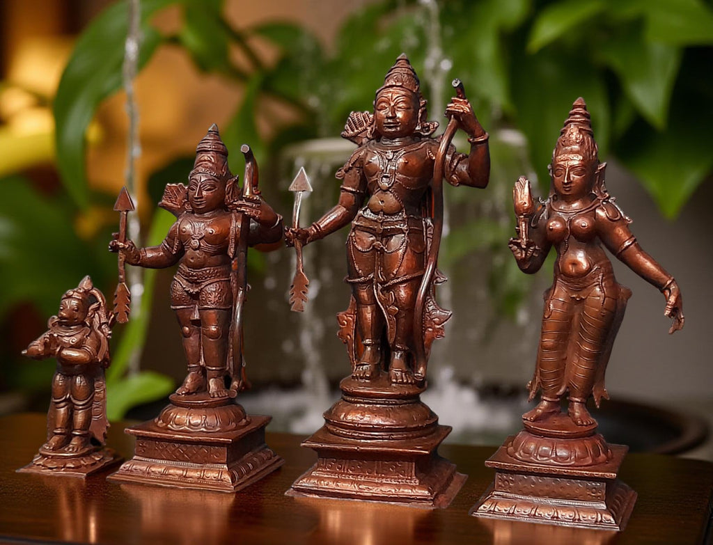 Brownish-Orange Copper Idols Of God Ram Darbar, 6 Inch, 1.6 Kg, Patina Antique Finish, Pack Of 4 Piece