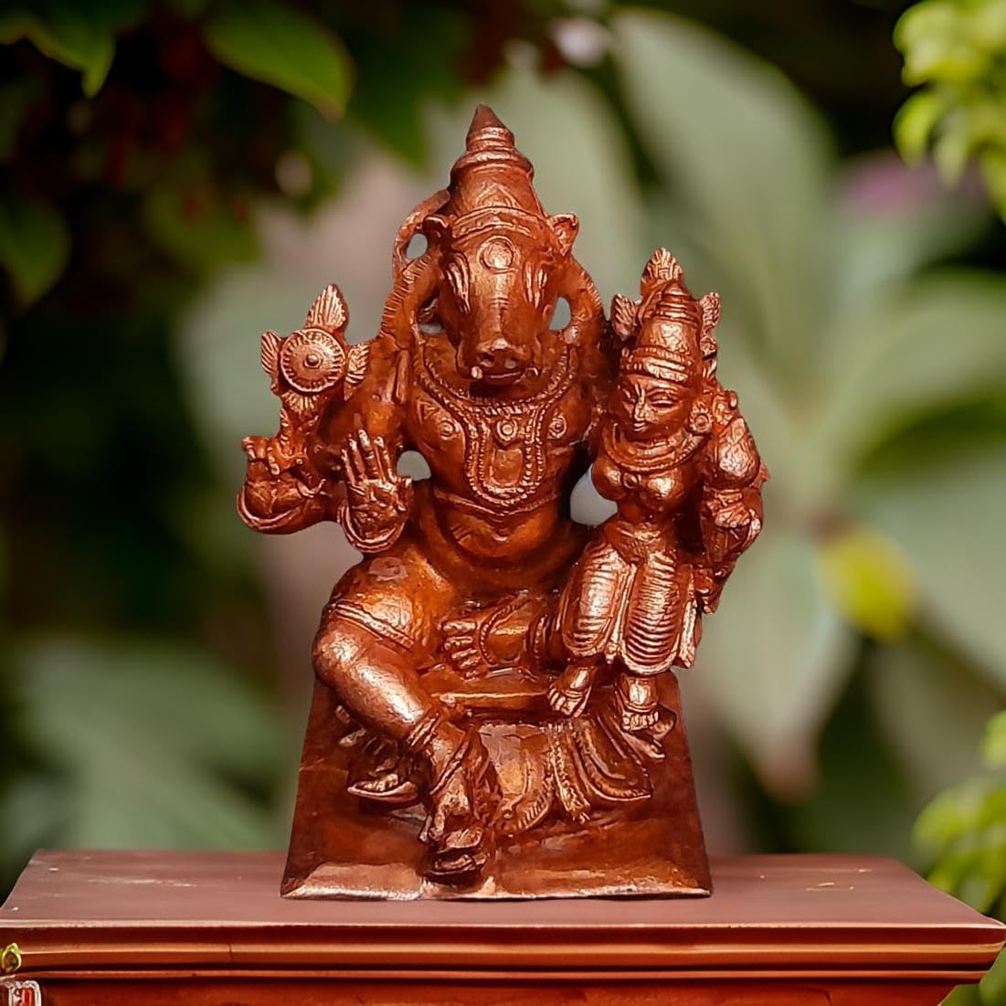 Brownish-Orange Copper Idols India, 2.6 Inches, Handmade Bhu Varaha Perumal, 250G, Patina Antique Finish, Pack Of 1 Piece