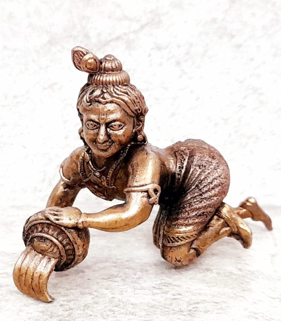 Brownish-Orange Copper Idols India, 1.5 Inches, Sri Krishna Culture Krishna Idol With Butter Pot, 60G, Patina Antique Finish, Pack Of 1 Piece