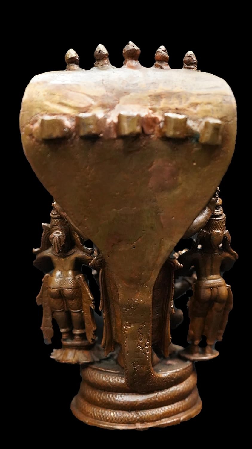 Brownish-Orange Copper Idols, 19 Cm, Handmade Sitting Lakshmi Narayana With Mahalakshmi, Adhiseha, Garuda, Naradha 2.223 Kg, Patina Antique Finish, Pack Of 1 Piece