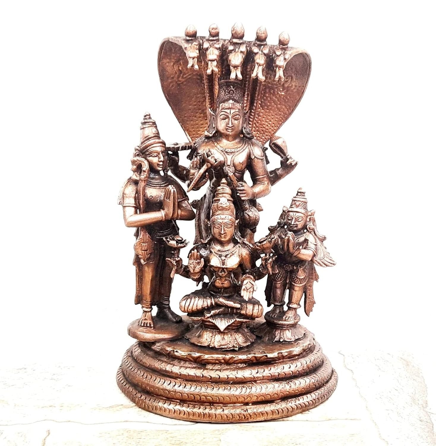 Brownish-Orange Copper Idols, 19 Cm, Handmade Sitting Lakshmi Narayana With Mahalakshmi, Adhiseha, Garuda, Naradha 2.223 Kg, Patina Antique Finish, Pack Of 1 Piece