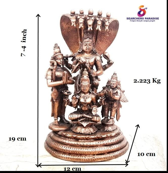 Brownish-Orange Copper Idols, 19 Cm, Handmade Sitting Lakshmi Narayana With Mahalakshmi, Adhiseha, Garuda, Naradha 2.223 Kg, Patina Antique Finish, Pack Of 1 Piece