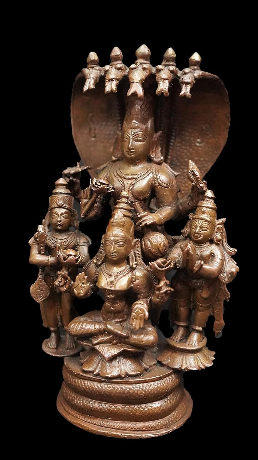 Brownish-Orange Copper Idols, 19 Cm, Handmade Sitting Lakshmi Narayana With Mahalakshmi, Adhiseha, Garuda, Naradha 2.223 Kg, Patina Antique Finish, Pack Of 1 Piece