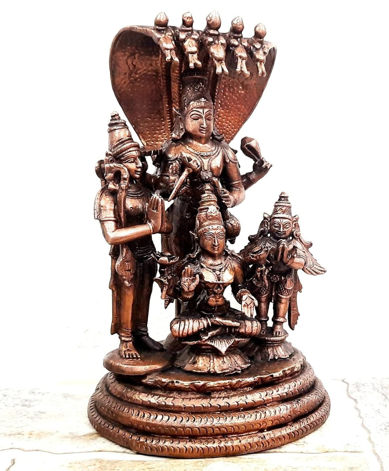 Brownish-Orange Copper Idols, 19 Cm, Handmade Sitting Lakshmi Narayana With Mahalakshmi, Adhiseha, Garuda, Naradha 2.223 Kg, Patina Antique Finish, Pack Of 1 Piece