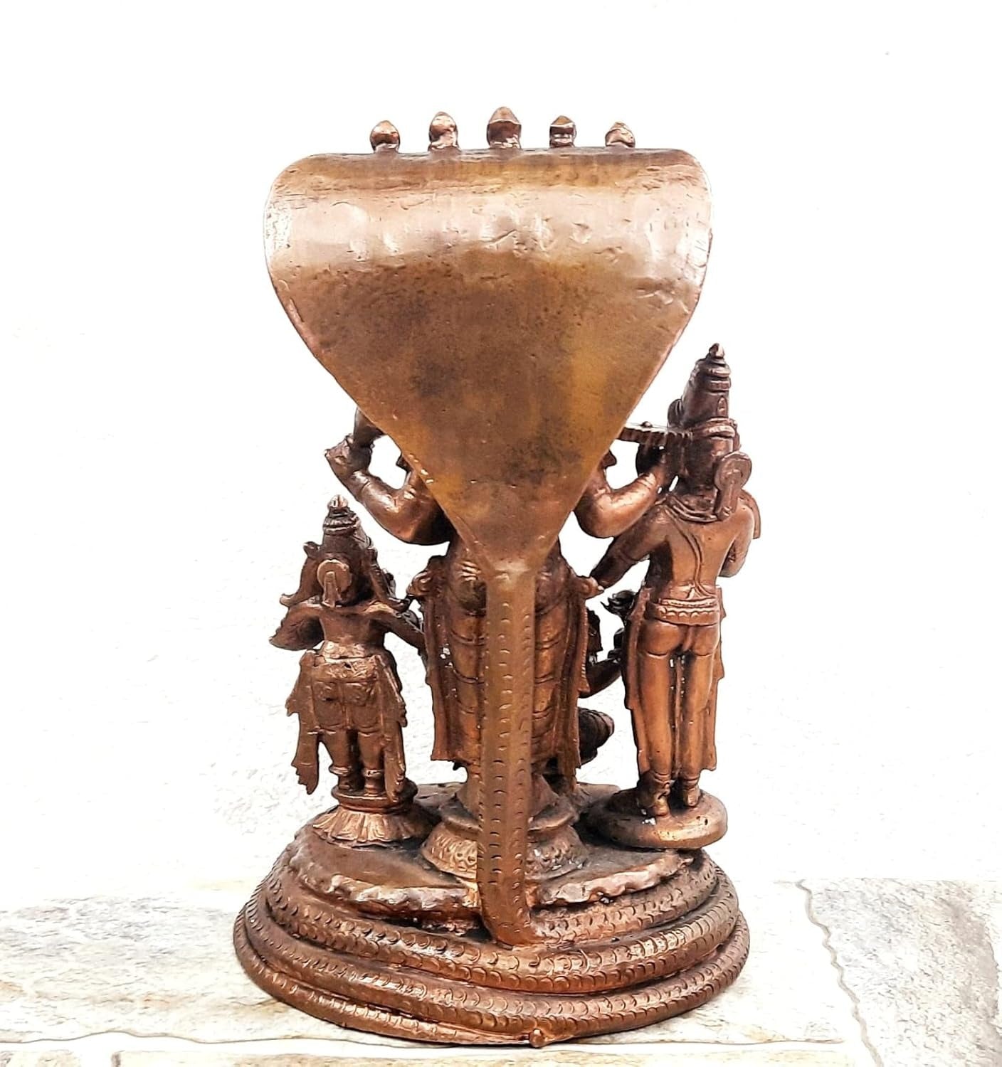 Brownish-Orange Copper Idols, 19 Cm, Handmade Sitting Lakshmi Narayana With Mahalakshmi, Adhiseha, Garuda, Naradha 2.223 Kg, Patina Antique Finish, Pack Of 1 Piece